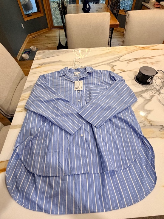 Coz Tops - New w/Tags Blue-and-White Striped Cotton Poplin Pajama-Style Shirt by COZ Sz M
